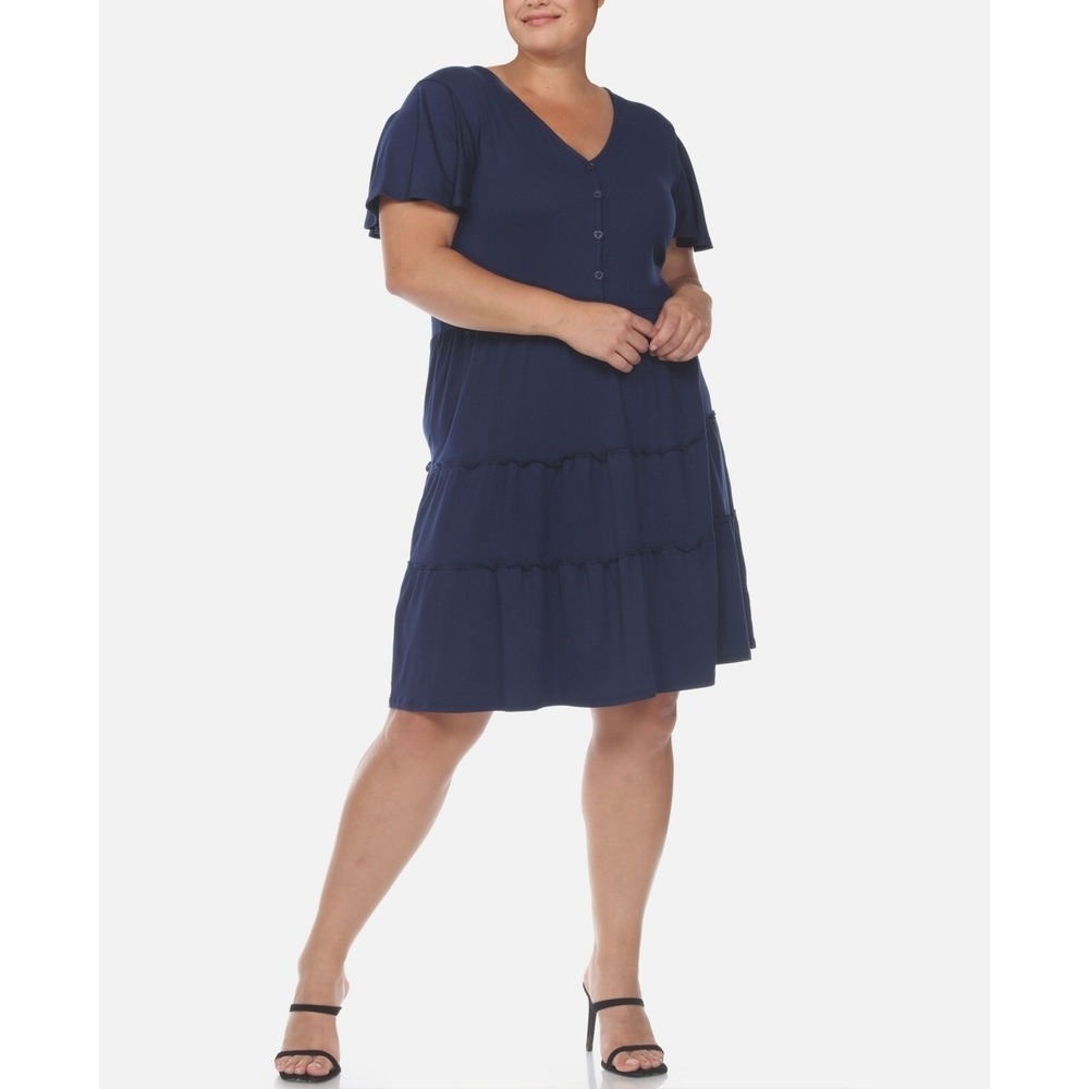 White Mark Tiered Dress Womens Plus 2X Navy V-Neck Short‎ Sleeve Peasant NWT